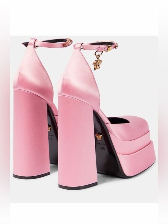 Versace Pink Satin Platform Block Heel Pumps with Ankle Strap 5