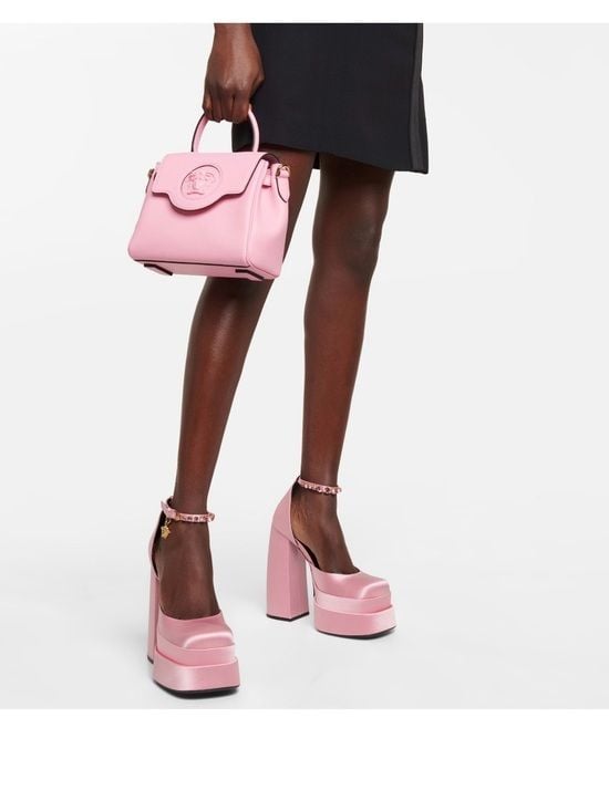 Versace Pink Satin Platform Block Heel Pumps with Ankle Strap 6