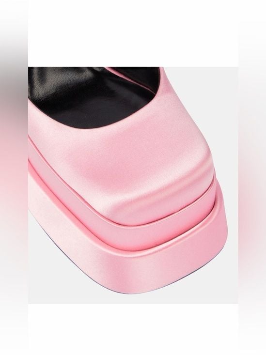 Versace Pink Satin Platform Block Heel Pumps with Ankle Strap 7