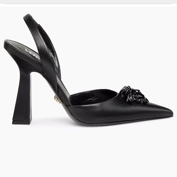 Versace Black Slingback Pointed Toe Heels with Medusa Chain 2