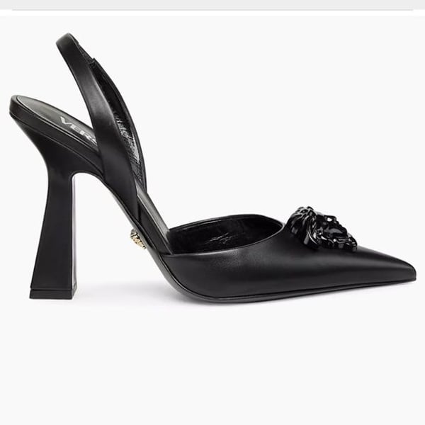 Versace Black Slingback Pointed Toe Heels with Medusa Chain