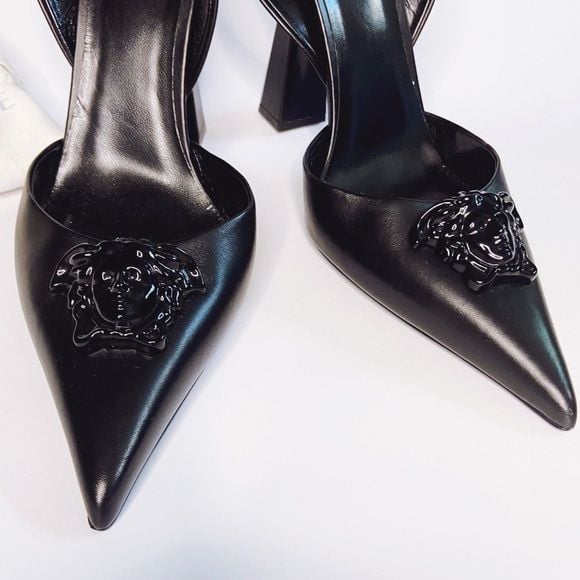 Versace Black Slingback Pointed Toe Heels with Medusa Chain 3