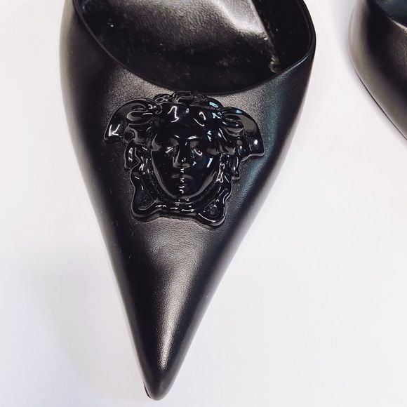 Versace Black Slingback Pointed Toe Heels with Medusa Chain 4