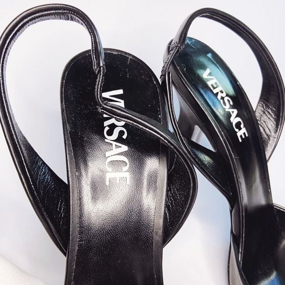 Versace Black Slingback Pointed Toe Heels with Medusa Chain 5