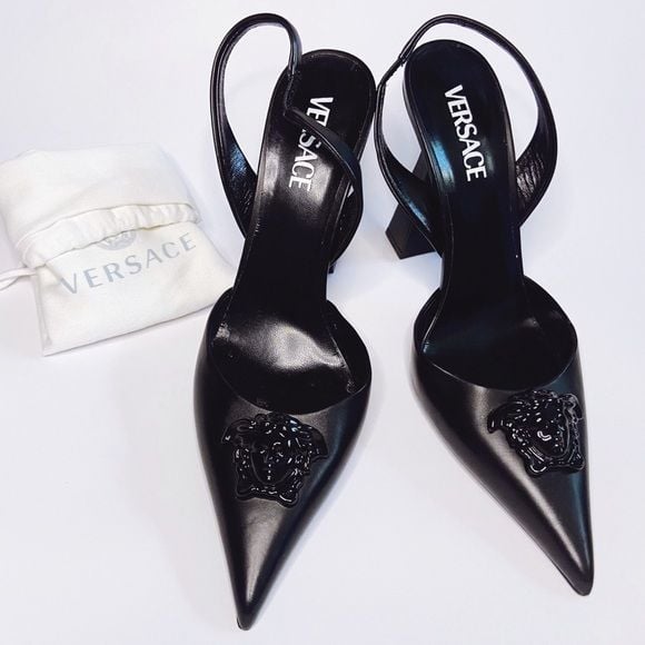 Versace Black Slingback Pointed Toe Heels with Medusa Chain 7