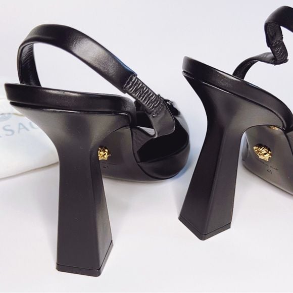 Versace Black Slingback Pointed Toe Heels with Medusa Chain 8
