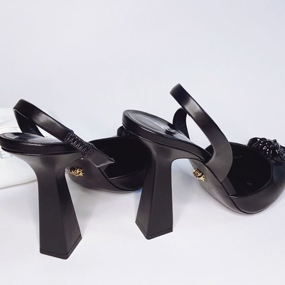 Versace Black Slingback Pointed Toe Heels with Medusa Chain 9