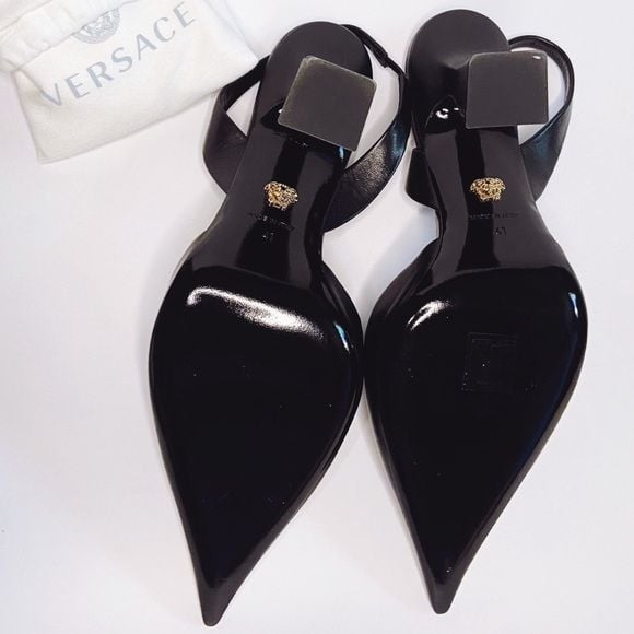Versace Black Slingback Pointed Toe Heels with Medusa Chain 10