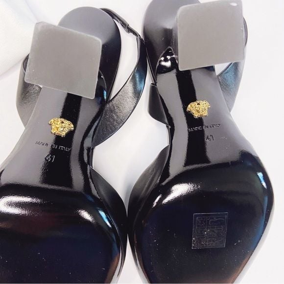 Versace Black Slingback Pointed Toe Heels with Medusa Chain 11