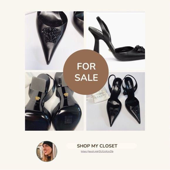 Versace Black Slingback Pointed Toe Heels with Medusa Chain 14