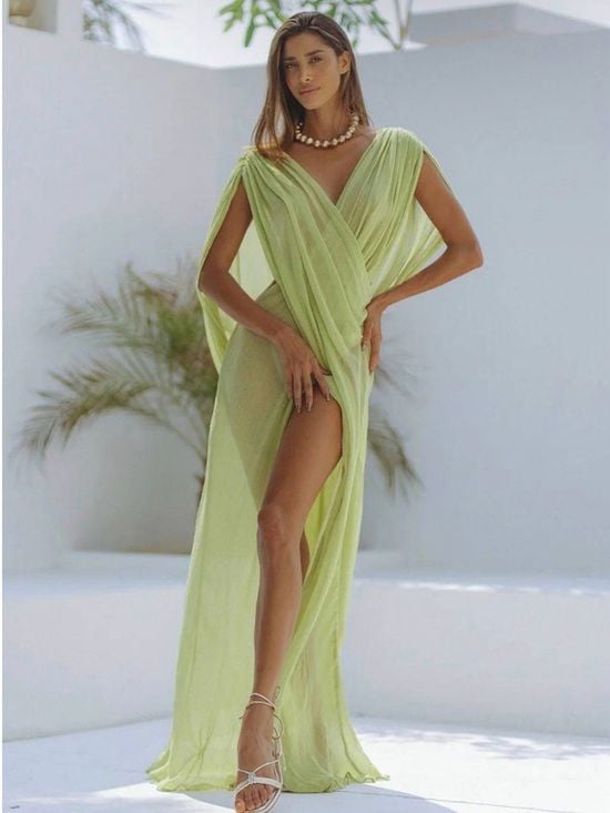 A Classy Chic Boutique Sheer Lime Green Draped Maxi Cover-Up 2