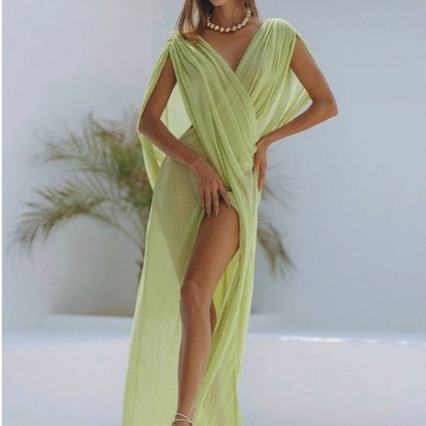 A Classy Chic Boutique Sheer Lime Green Draped Maxi Cover-Up