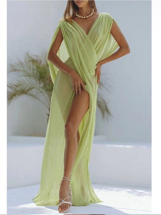 A Classy Chic Boutique Sheer Lime Green Draped Maxi Cover-Up 3