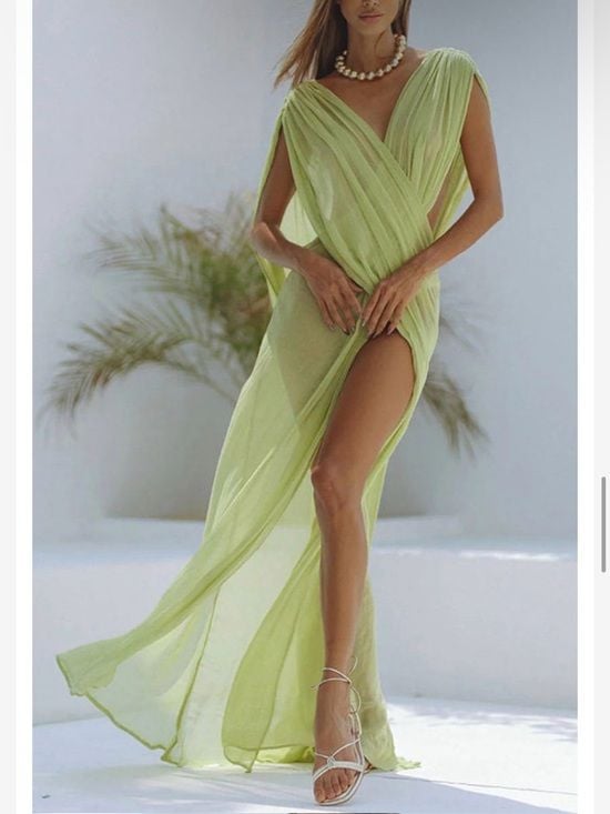 A Classy Chic Boutique Sheer Lime Green Draped Maxi Cover-Up 5