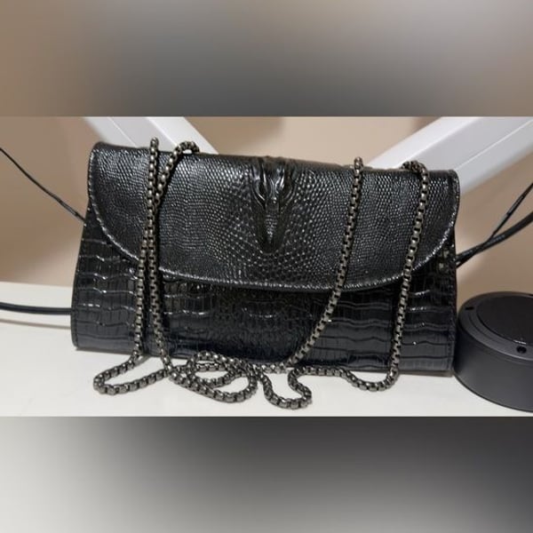 Black Croc-Embossed Chain Shoulder Bag