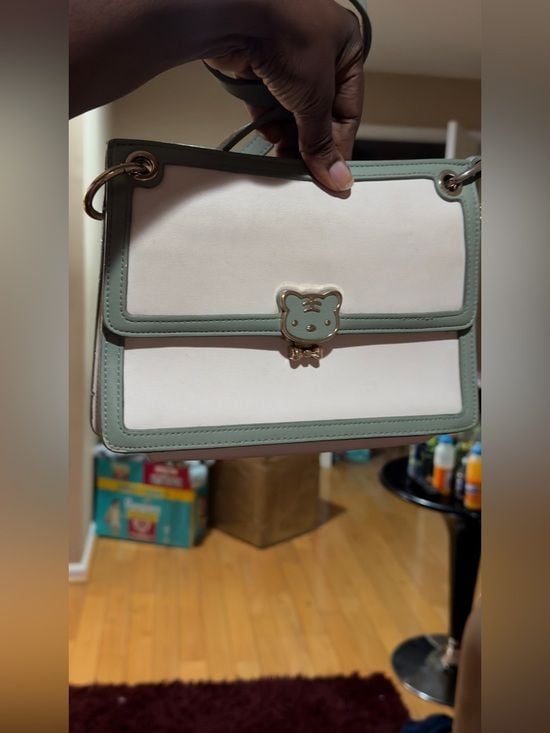 Cream and Sage Green Top-Handle Satchel with Bear Clasp 3