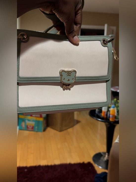 Cream and Sage Green Top-Handle Satchel with Bear Clasp 4