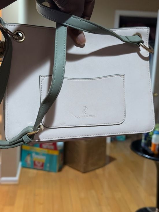Cream and Sage Green Top-Handle Satchel with Bear Clasp 8