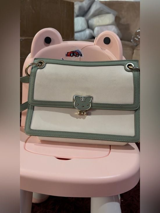Cream and Sage Green Top-Handle Satchel with Bear Clasp 11