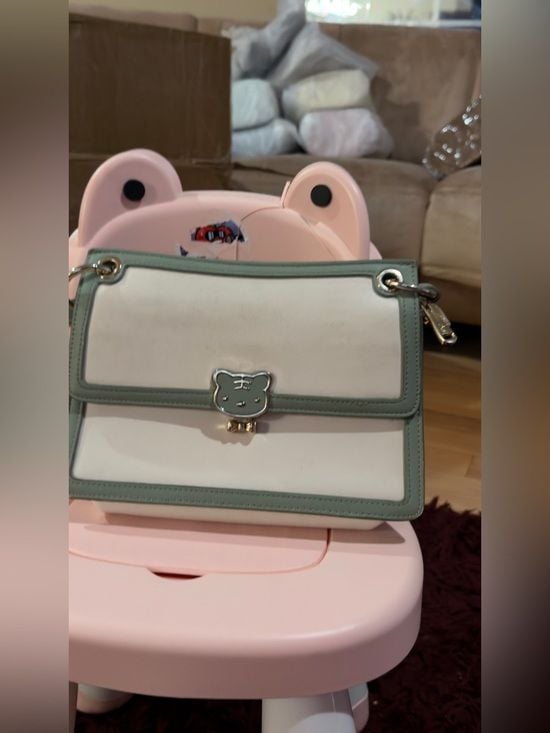 Cream and Sage Green Top-Handle Satchel with Bear Clasp 12
