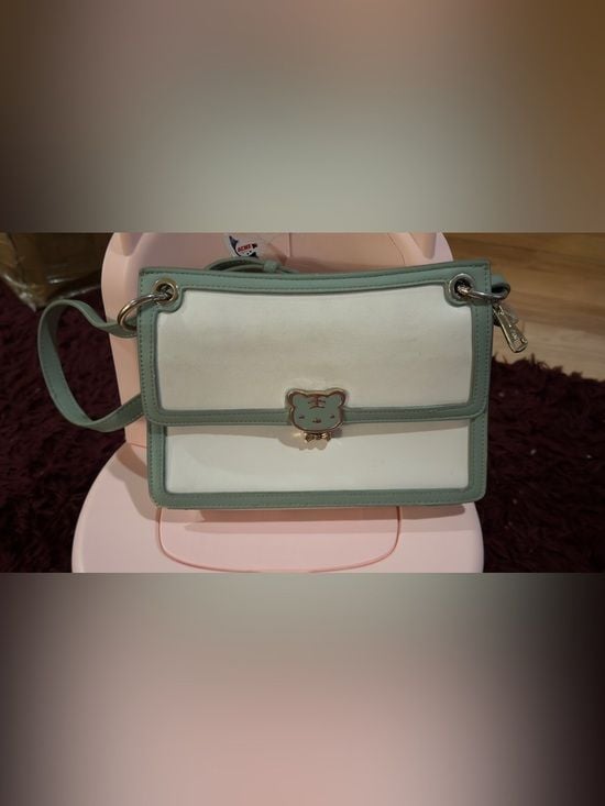 Cream and Sage Green Top-Handle Satchel with Bear Clasp 13