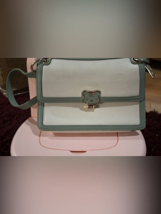 Cream and Sage Green Top-Handle Satchel with Bear Clasp 15