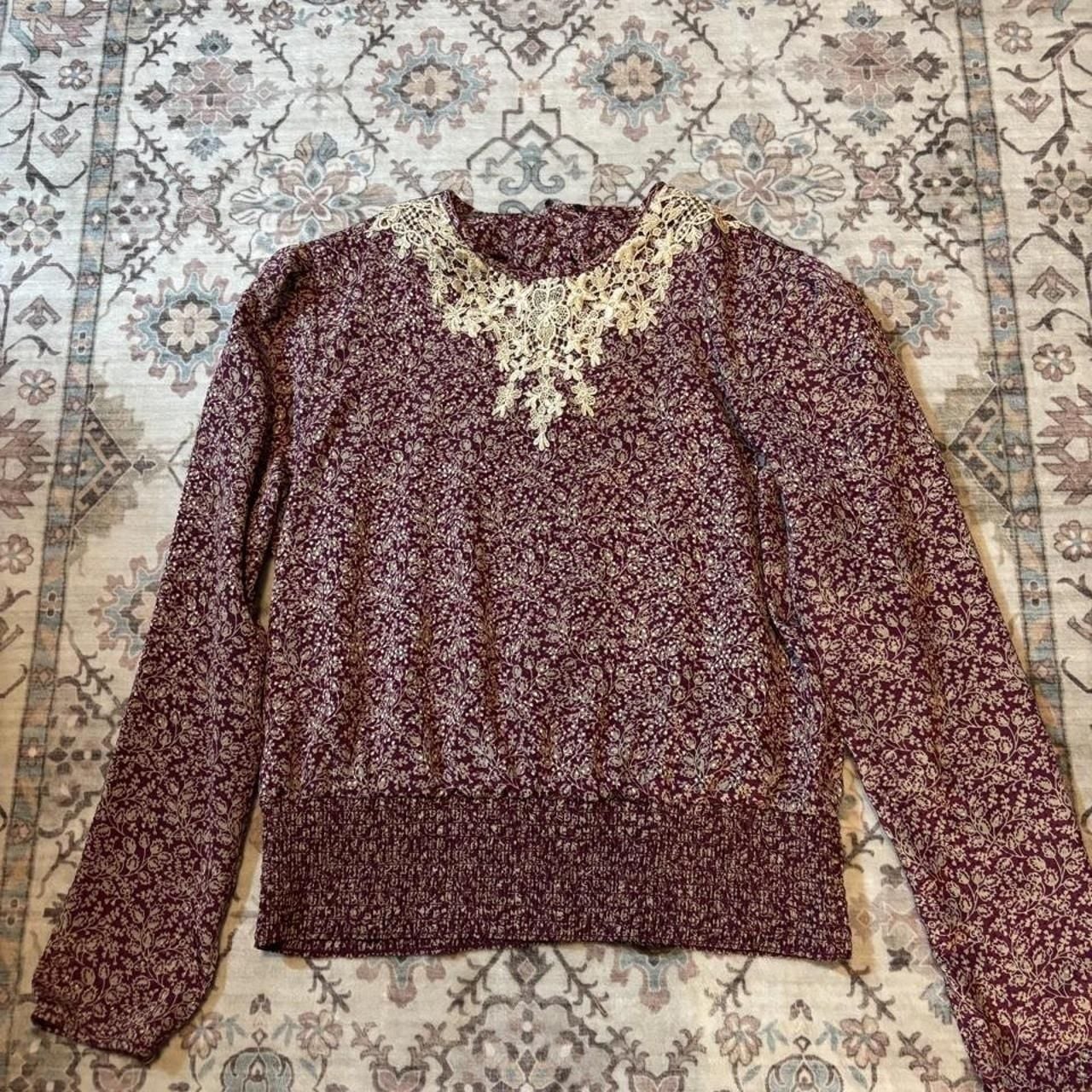 Andrea Gayle Floral Blouse Size 8 Burgundy Cream Lace Collar 2