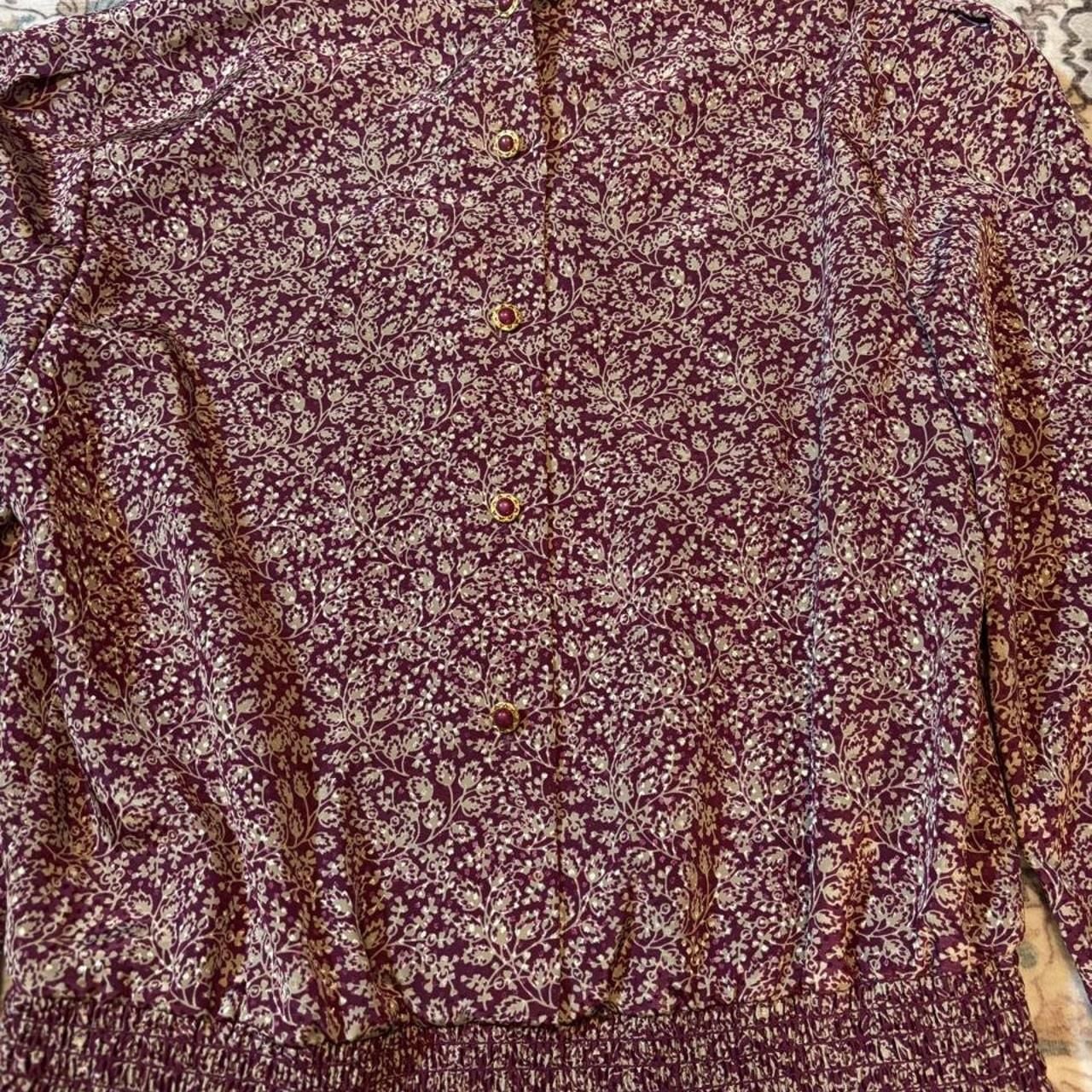 Andrea Gayle Floral Blouse Size 8 Burgundy Cream Lace Collar 3