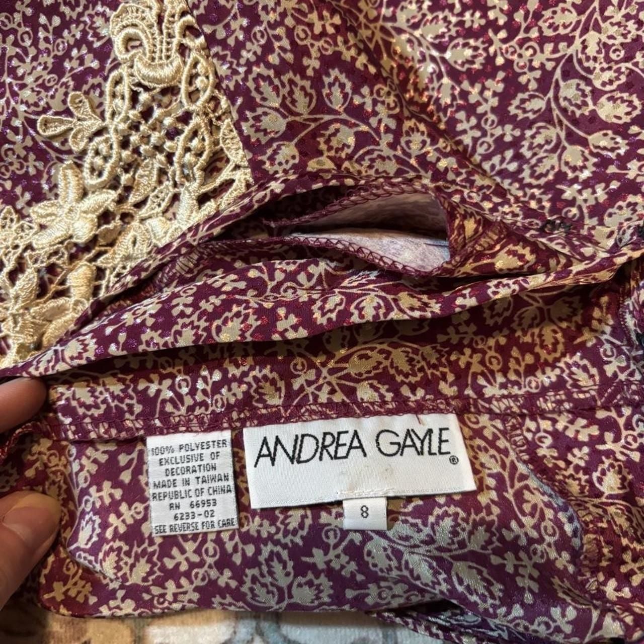 Andrea Gayle Floral Blouse Size 8 Burgundy Cream Lace Collar 4