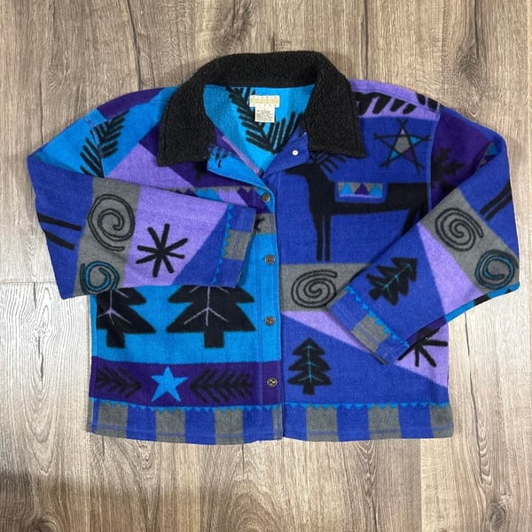 Sigrid Sport Olsen Fleece Jacket Size L Blue Purple Trees Reindeer