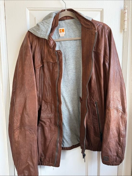 BOSS ORANGE Brown Leather Bomber with Gray Hood Liner 2