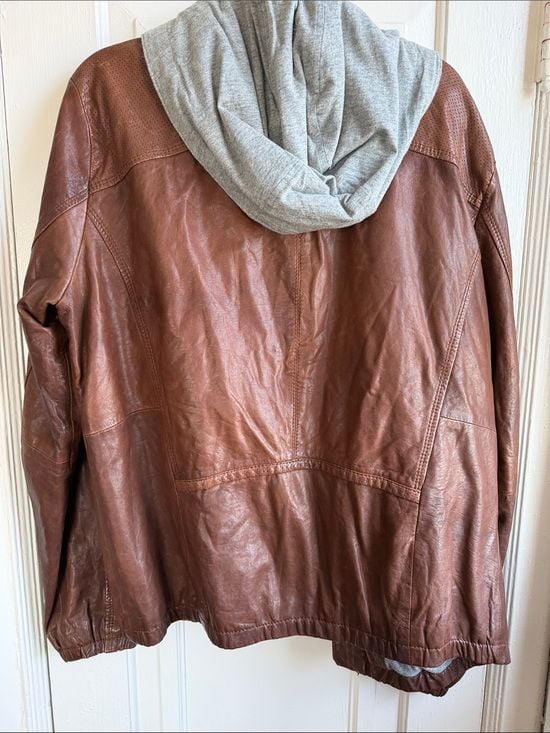 BOSS ORANGE Brown Leather Bomber with Gray Hood Liner 3