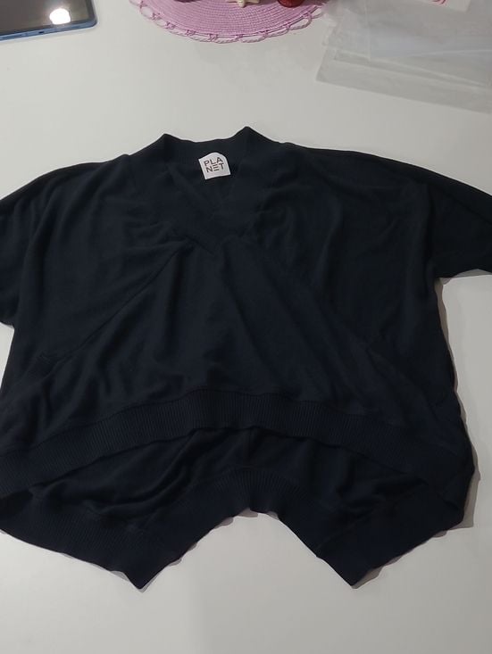 Planet V-Neck Short Sleeve Sweater in Black 1