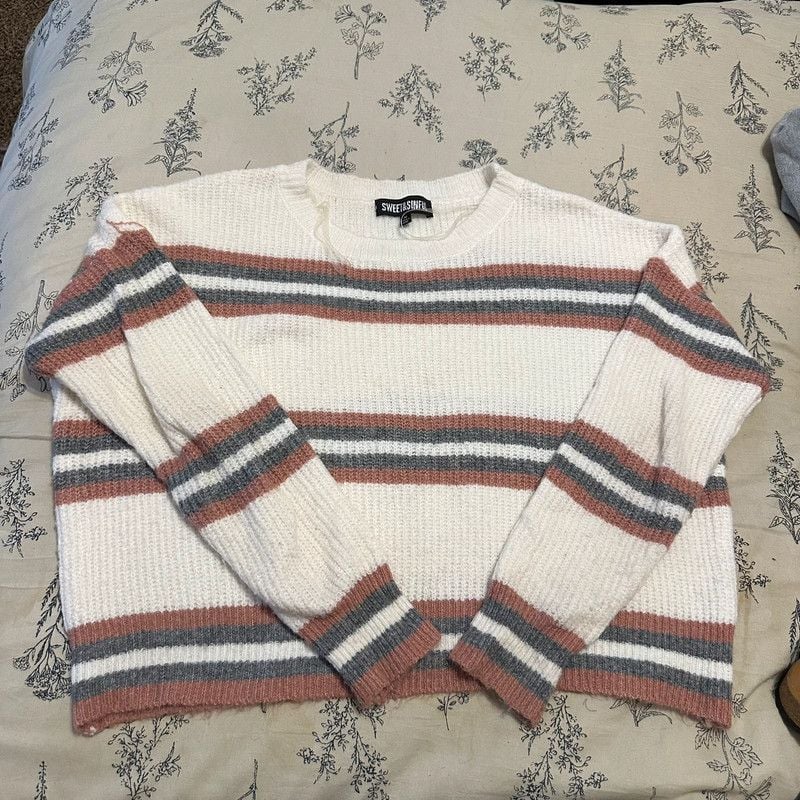 Striped Dusty Pink, Grey, and White Sweater 2