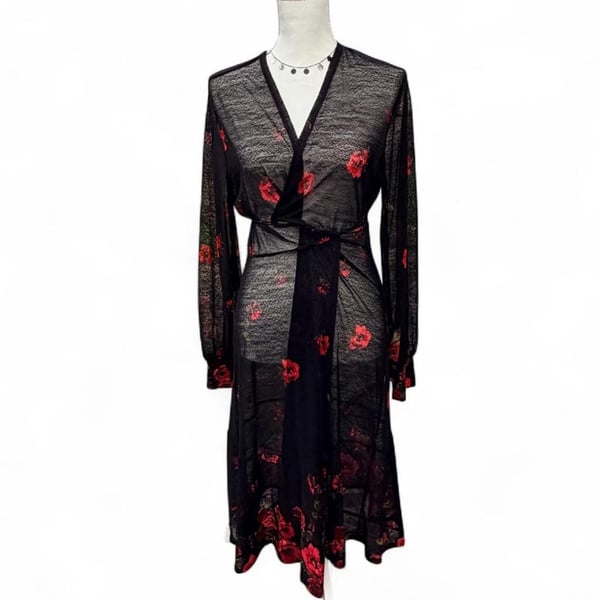 Ember Sheer Floral Mesh Duster Size XL Black Red Rose Maxi Cardigan