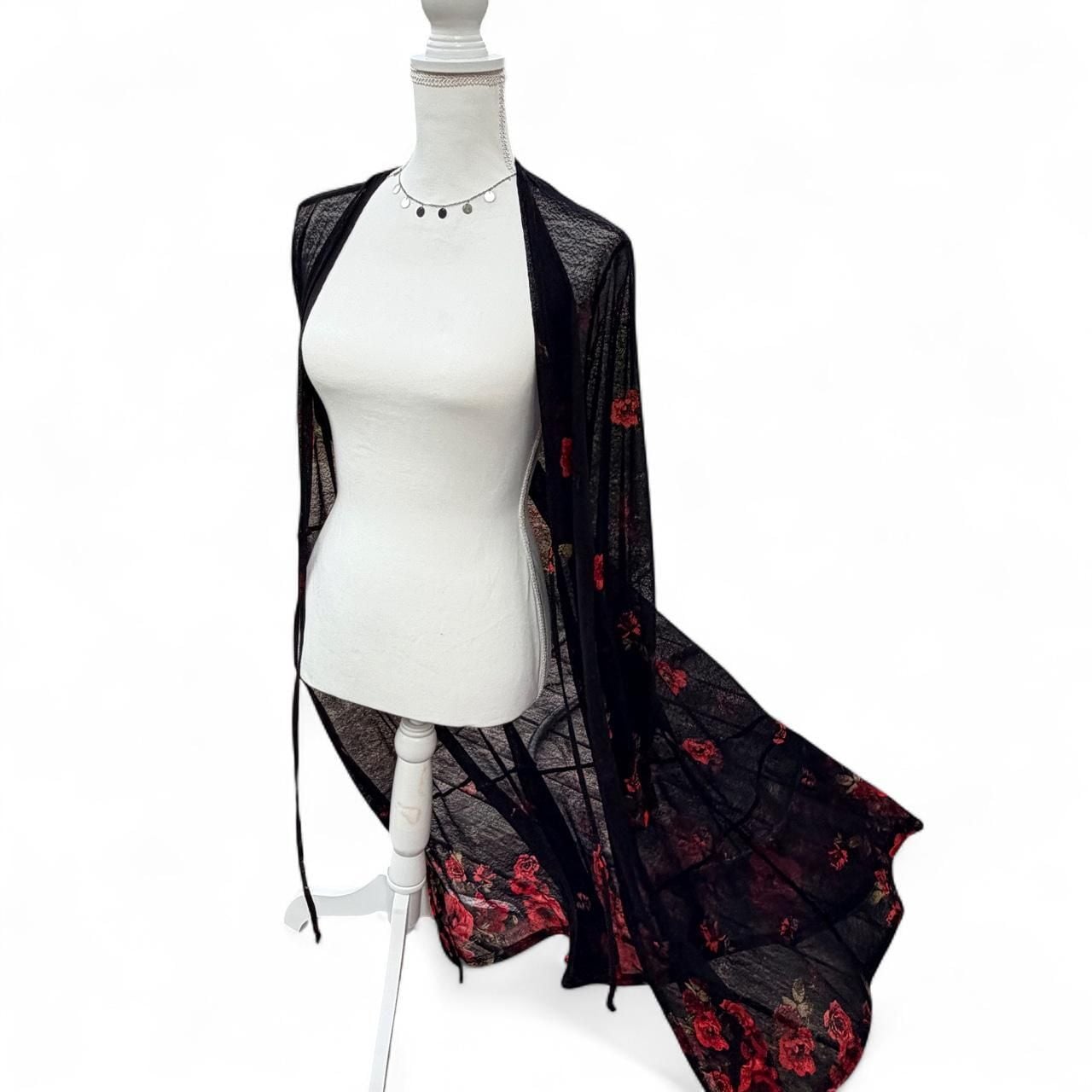 Ember Sheer Floral Mesh Duster Size XL Black Red Rose Maxi Cardigan 3