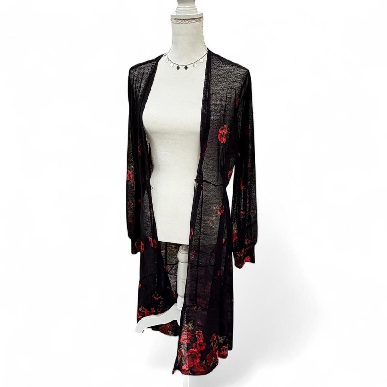 Ember Sheer Floral Mesh Duster Size XL Black Red Rose Maxi Cardigan 4