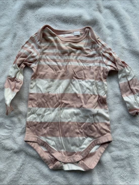 Burberry Pink and White Striped Long-Sleeve Baby One-Piece 1