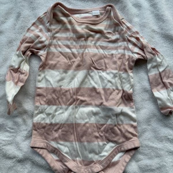 Burberry Pink and White Striped Long-Sleeve Baby One-Piece