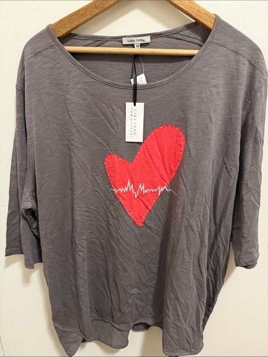 Lisa Todd Gray Top with Red Heart Applique 2