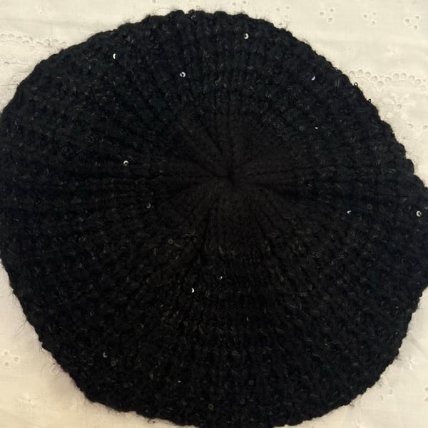 Unbranded Black Sequin Knit Beret Hat Y2K Whimsigoth