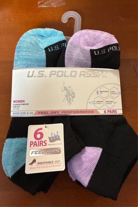 Women’s us polo assn low cut black socks purple and blue new sz 4-10 6 pairs 1