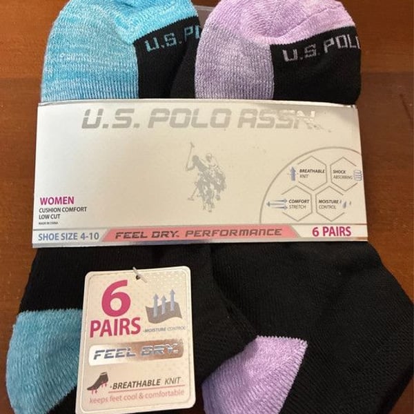 Women’s us polo assn low cut black socks purple and blue new sz 4-10 6 pairs