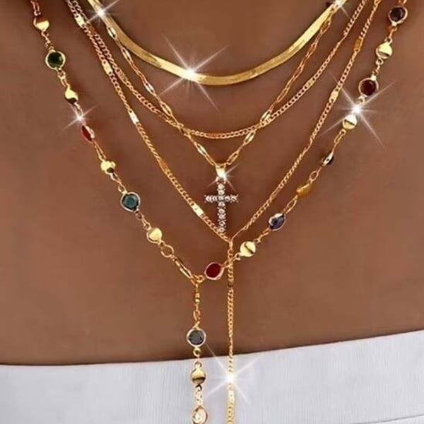 5 Pieces Gold Layered Multicolor Gemstone Cross Necklaces for Women