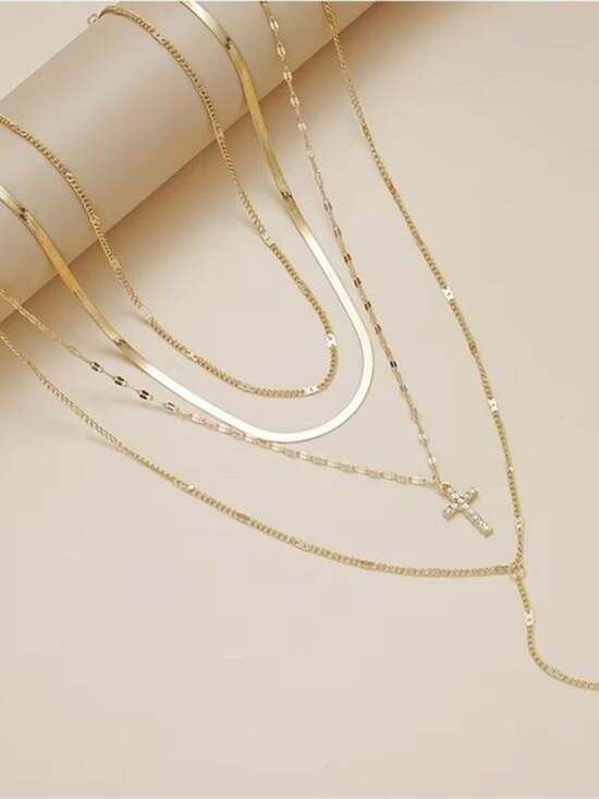 5 Pieces Gold Layered Multicolor Gemstone Cross Necklaces for Women 2