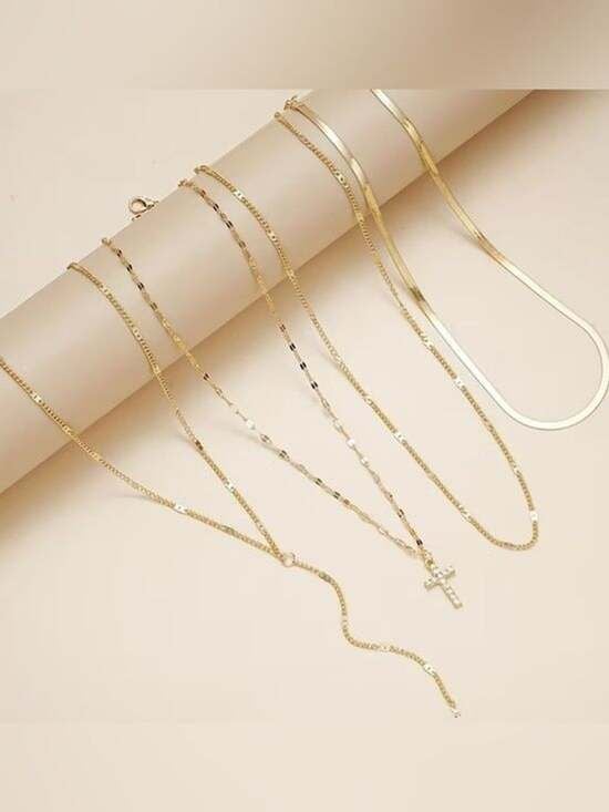 5 Pieces Gold Layered Multicolor Gemstone Cross Necklaces for Women 3
