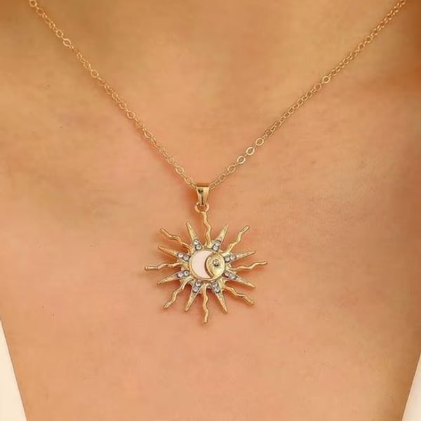 Gold Sun & Crescent Moon Pendant Necklace with Mother-of-Pearl Accent