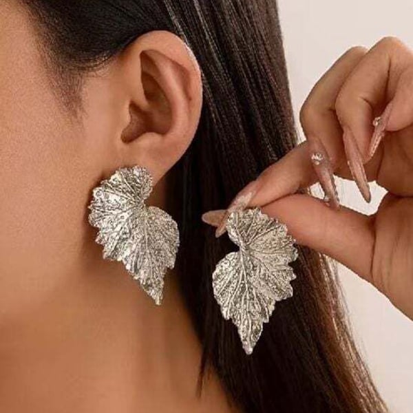 Silver Leaf Drop Earrings - Sculpted Women's Jewelry