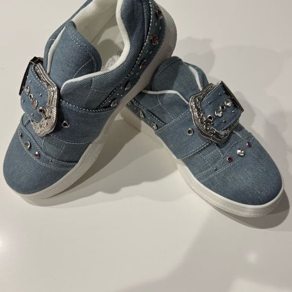 Cape Robbin Light Blue Denim Sneakers with Rhinestone Buckle