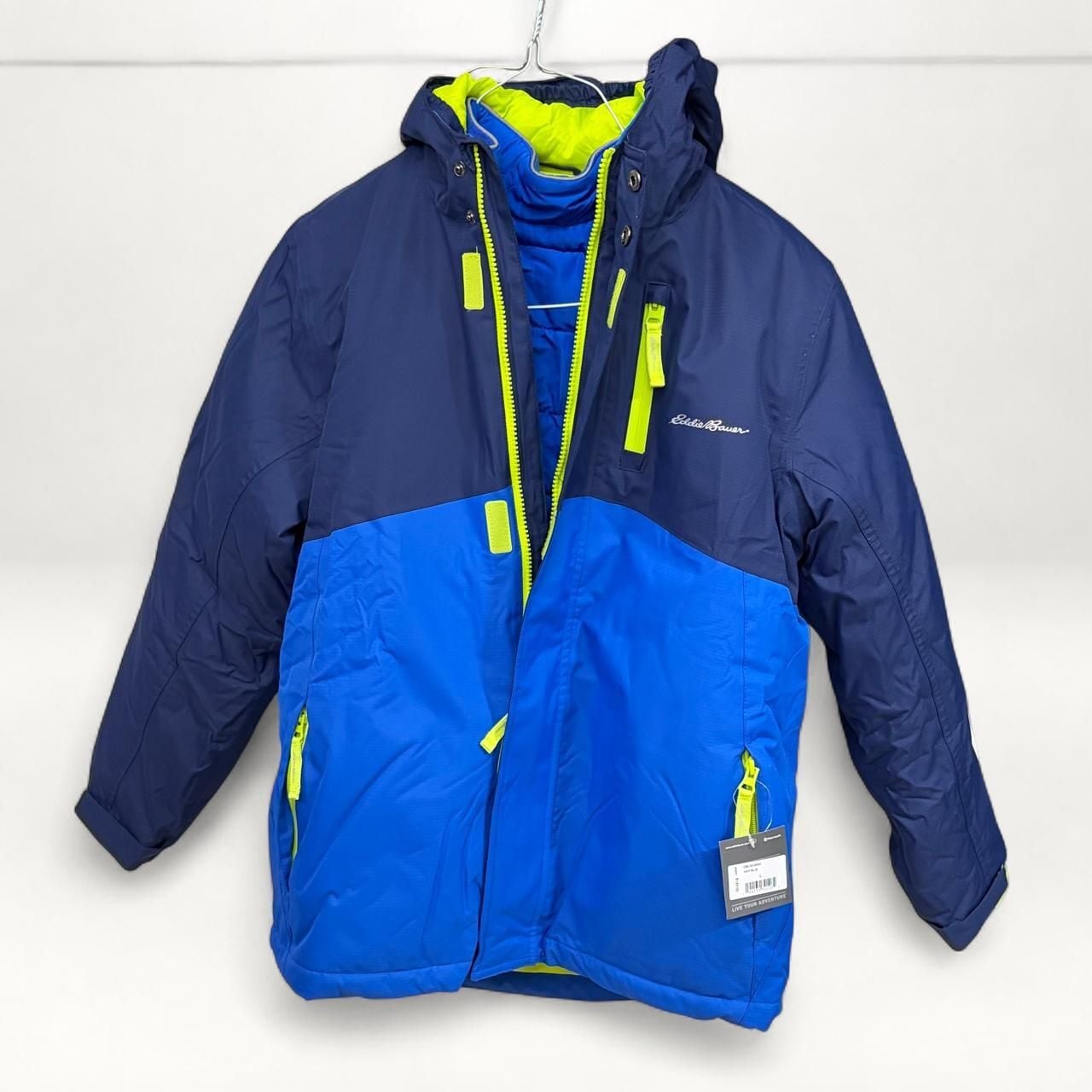 Eddie Bauer 3-in-1 Ski Jacket Kids L (14) Navy Blue Lime Puffer Coat 1